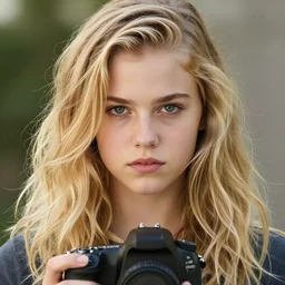 a professional 8 5 mm highly detailed portrait of annabeth chase, a caucasian eighteen year old girl that looks like a california valley girl, intense stormy gray eyes, blonde curly hair, professional photography, midday lighting, defiant, beautiful, dslr, annie leibowitz