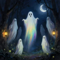 ghosts monsters. tall tall dancing ghouls at midnight in the forest. fireflies. lanterns on poles. at night. crescent moon night sky. thomas kinkade. digital painting. marc simonetti. dancing ghost ghoul. michael whelan. mysterious rainbow void glow. greg rutkowski. scary. creepy. artstation.