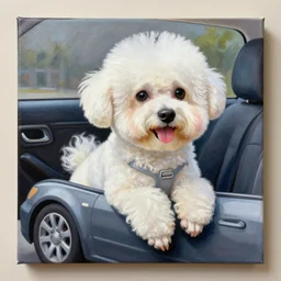 a photorealistic canvas painting of bichon frise riding in the back on an uber. This 4K HD image is Trending on Artstation, featured on Behance, well-rendered, extra crisp, features intricate detail and the style of Unreal Engine.