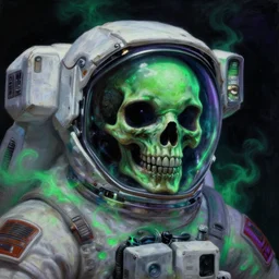 a close - up view portrait of a lone astronaut, brutalist dock halls with green alien fog, close - up view, detailed textures. glowing green purple fog, dark black background. murder poison skull face, highly detailed fantasy science fiction painting by moebius!!!!!!, norman rockwell, frank frazetta, and syd mead. rich colors