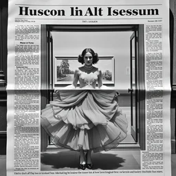 a newspaper photo of a woman with a fancy dress kicked out from a museum,