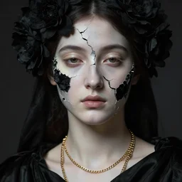 hyperrealism close - up mythological portrait of a beautiful medieval woman's shattered face blended with black flowers in style of classicism, gold chains around the neck, pale skin, ivory make up on the eyes, wearing black silk robe, dark and dull palette