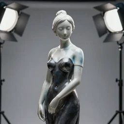 statue of the perfect asian woman, porcelain, ( desgined by apple ), silver, blue soft details, soft!!, dark black dress, studio photo, octane render, studio lights, 8 0 mm lens