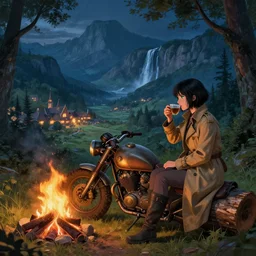 Panoramic photograph on a girl from Final Fantasy live action, with short black hair and green eyes in a tan trenchcoat sitting on a log and drinking tea by the campfire by her motorrad, steampunk motorcycle, in the outskirts of a forest at night, ray tracing, large landscape with village, beautiful, mountains, waterfalls, award winning, masterpiece digital painting by Greg Rutkowski, Alex Grey, artstation, 4k wallpaper, Jakub Rozalski