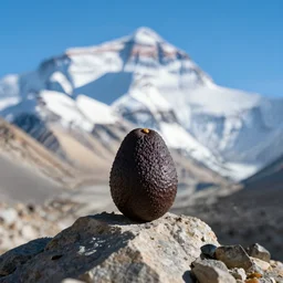 an avocado is sitting on the peak of mount everest, clear focus, bokeh effect, high res, hasselblad, dslr