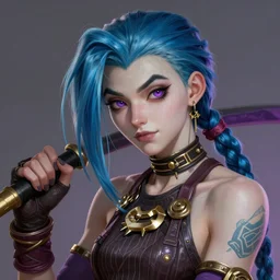 portrait of jinx, league of legends, intricate, elegant, highly detailed, digital painting, artstation, concept art, smooth, sharp focus, illustration, illuminated lines, cyberpunk darksynth, by audrey kawasaki and ilya kuvshinov and krenz cushart