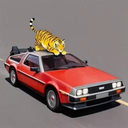 a red delorean with a yellow tiger, art by hsiao - ron cheng & shinya edaki, # de 9 5 f 0