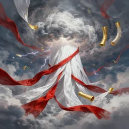 Storm of white ribbons, red cloth ribbons, gold scrolls, swirls, whorl. Clouds, lighting. Fantasy, digital painting, HD, 4k, detailed, vibrant.