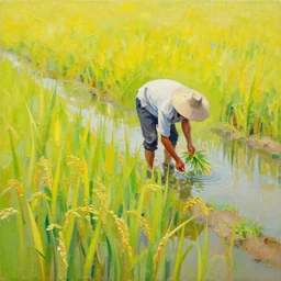 abstract painting of a rice paddy, a man farming