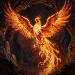 bright flame pheonix in a dark cave, oil paint, detailed, high quality