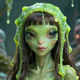 hyper realistic portrait of my ethereal waifu cute innocent green slimy alien female froggy lady, played by ana de armas, with adorable uwu eyes painted by greg rutkowski, wlop, 7 0 s scifi