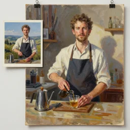 asset sheet, material study ( caricature ) barista ( mark ryden, hildebrandt ) ( lofi, high detail ) ( oil paint on canvas )