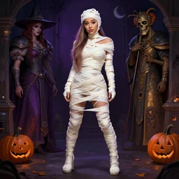 ariana grande trick or treating in halloween night, wearing a mummy costume, full body shot, intricate, highly detailed, digital painting, artstation, concept art, matte, sharp focus, illustration, hearthstone, art by artgerm and greg rutkowski and alphonse mucha