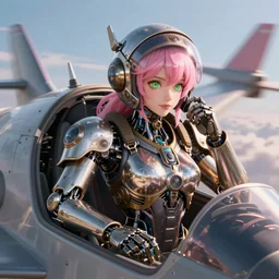 biomechanical female steampunk robot fighter pilot mechanical girl with intricate shiny parts and pink hair and green eyes while helmet is jacked into the jet cockpit. background air combat. beautiful detailed photorealitic octane unreal depth of field