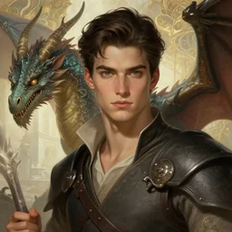 a clean shaven determined handsome young man with swept back dark brown hair and green eyes, preparing for battle with a dragon, fantasy, intricate, elegant, highly detailed, digital painting, artstation, concept art, smooth, sharp focus, illustration, art by artgerm and greg rutkowski and alphonse mucha