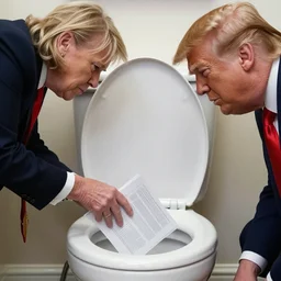UHD candid color photo of Donald Trump stuffing documents into the toilet, accurate faces,  UHD, photorealistic, correct face, photo by Annie Leibowitz