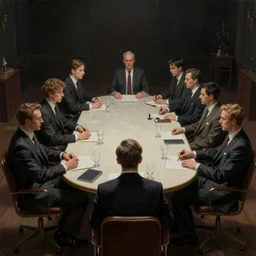 a conspiracy of men in suits with tie sitting on a large table in a dark room in a painting from stalenhag, 4 k, 8 k, hdr, artstation, concept art