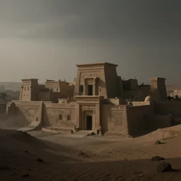 ancient urban city view, building, desert, temple, cinematic composition, mist, obscure render light dark
