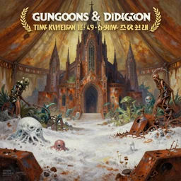 inside of a merchant tent, matte oil painting, rusted cathedrals in the background, retrofuturistic, concept art, science fantasy, mutant, lgbt, queer, rpg, epic, rust, white salt, badlands, slime, jungles, dungeons & dragons, sacred, sharp focus, award - winning, extremely detailed, 4 k, 8 k