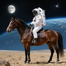 a horse sat, saddled, on horseback, an astronaut and rides him into space