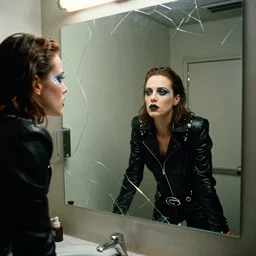 cinestill 5 0 d candid photographic portrait by quentin tarantino of a beautiful feminine man wearing black techwear and glitter makeup looking in a broken bathroom mirror, cramped new york apartment, full shot, retrofuturism cyberpunk cinematic, 8 k, hd, high resolution, 3 5 mm, f / 3 2, ultra realistic faces, clockwork orange