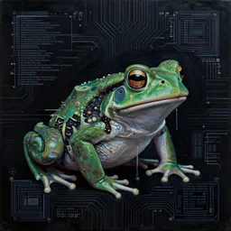 toads, big toad, mechanical, technical, abstract, acrylic, oil, circuit board, computers, vektroid album cover, vectors, drips, dimensions, tears, leaks, glitches, frogs, amphibians, geometry, data, datamosh, motherboard, minimal, code, cybernetic, painting, dark, eerie, cyber