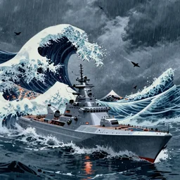 semi futuristic warship being attacked by The Great Wave off Kanagawa, chaotic sea setting, ocean,, unreal engine, octane render, cinematic, epic, rainy stormy night, chaotic, 8k, ultra detailed, Artstation, Trending on Artstation, Artstation HQ, Artstation HD, deviant art, Pinterest, digital art, reflections,