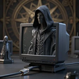 cinema 4 d matrix render, cult, black mass, crt, coded humanoid, hooded robbed dark ceremony, ethernet cable, extremely detailed, insanely detailed and intricate, high detail, ordo templi orientis background, depth field, unreal engine, deep focus, movie still, dramatic lighting, by michal karcz and yoshitaka amano, 4 k concept art and hyper realism