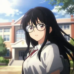 portrait of an anime girl with black hair and glasses, behind is School Building , epic cinematic still, dynamic perspective, anime style, beautiful volumetric light