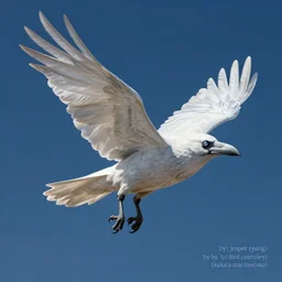 detailed fantasy creature illustration of flying albino raven against dark blue clear sky, middle shot, trending on artstation, digital art ( by jesper ejsing ) ( by clint cearley ) ( by raluca marinescu )