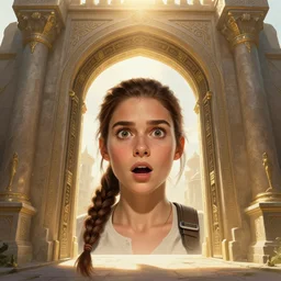 face portrait of amazed Lara Croft entering the large Minas Tirith gate, sun beams, intricate, elegant, highly detailed, centered, digital painting, artstation, concept art, smooth, sharp focus, illustration, Allan Lee, John Howe