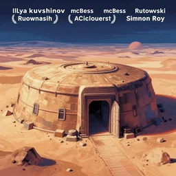 very detailed, prophet graphic novel, ilya kuvshinov, mcbess, rutkowski, simon roy, illustration of a plateau with a large bunker door built into the side on a desert planet, wide shot, colorful, deep shadows, astrophotography