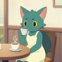 umbreon wearing a sundress sitting at a table with cup of coffee by rivvoncat