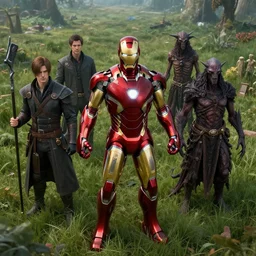 portrait of marvels ironman ( ( ( ( ( ( ( ( ( ( surrounded by grass ) ) ) ) ) ) ) ) ) ) by hr giger, greg rutkowski, luis royo and wayne barlowe as a diablo, resident evil, dark souls, bloodborne monster, courtroom, elden ring creature : : in a garden, grassy field, large field in the background