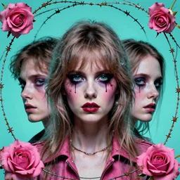 kill kill kill kill 3 d cinematic close portrait of a 1 9 8 0 s symmetrical!!! nasty people!!! dusty pink rose rust razor wire artwork by stanley donwood william s burroughs aquamarine backlightr