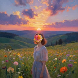 girl with an blooming flower face, surreal photography, dream, standing in flower field, hills, valley, forest, sunrise dramatic light, impressionist painting, colorful clouds, artstation, simon stalenhag