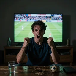 an angry football fan watching a football game, dark and filthy room, lit only by the television