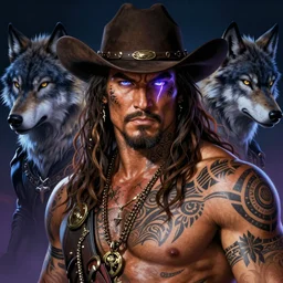 hyper - realistic illustration of a handsome!! man resembling ( ( ( ( ( ( jason momoa ) ) ) ) ) ) as a cowboy, nightwolf from mortal combat, tribal tattoos, lightning eyes | art by hirohiko araki + jean giraud + artgerm + jack kirby | intricate, high detail, digital painting