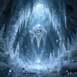 brocken spectre, lost in the void, ice cave, stalactites and diamonds, magical aura