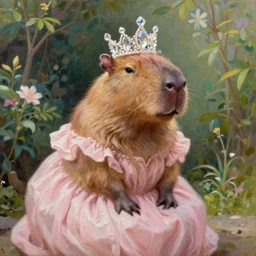 capybara wearing a light pink dress and a crystal crown in a beautiful garden, highly detailed oil painting