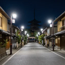 photograph of kyoto street at night, bright street lamps, lens flare