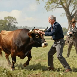 detailed realistic cinematic wide shot of jerome powell fighting a bull, sharp focus, ultra realistic, spring light, painting by gaston bussiere, craig mullins, j. c. leyendecker