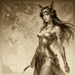 Star Guardian Ahri, sepia tone gradient map, intricate, highly detailed, digital painting, artstation, concept art, smooth, sharp focus, illustration, Unreal Engine 5, 8K, art by artgerm and greg rutkowski and alphonse mucha