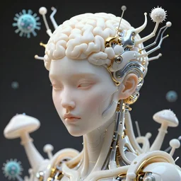 hyper detailed ultra sharp portrait of a beautiful well contoured porcelain ivory smooth fair cyborg superbrain, up close shot, sharp focus, global illumination, radiant light, biomechanical white silver gold rhizomorphs headdress, cyberpunk brackets, laser cut paper microbes, bubble mushrooms, puffballs, alexandre ferra white mecha, irakli nadar, alexander mcqueen, octane highly render, 4 k, ultra hd,