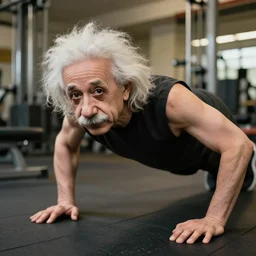 a portrait of albert einstein working at the gym doing planks, highly detailed, trending on artstation, bokeh, 9 0 mm, f / 1. 4