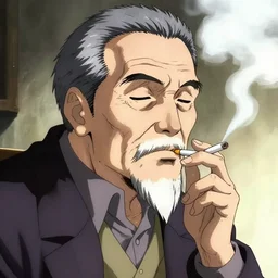 anime old man smoking a cigarette, white smoke, art by wlop