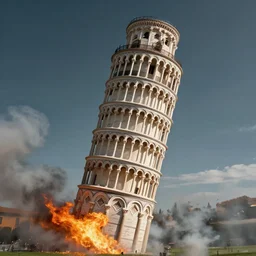 Leaning tower of Pisa flying through space, fire and smoke coming out of the bottom