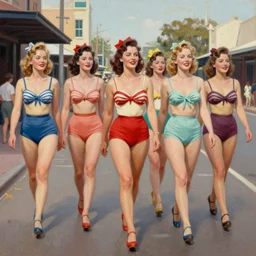 1940s group of pinup bikini girls walking down the street in 1940s Sydney in Australia, oil painting, by Gil Elvgren