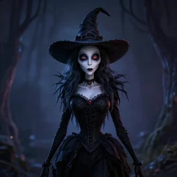 portrait of darkness witch, inspired by Tim Burton, unreal engine render, volumetric light, high détail