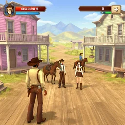 screenshot of gameplay dating simulator game set in 1 8 7 6, interior of old west saloon, featuring african american and japanese cowboys and cowgirls in ghost town with buildings painted bright pastel colors, morning light with mountains in the background
